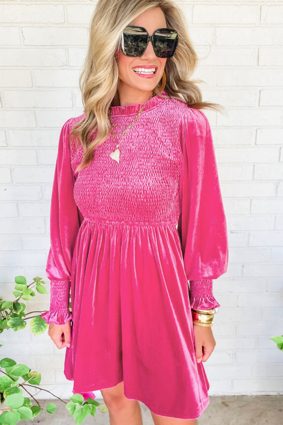 Rose Red Smocked Lantern Sleeve Frilled Velvet Dress | Available in Other Colors