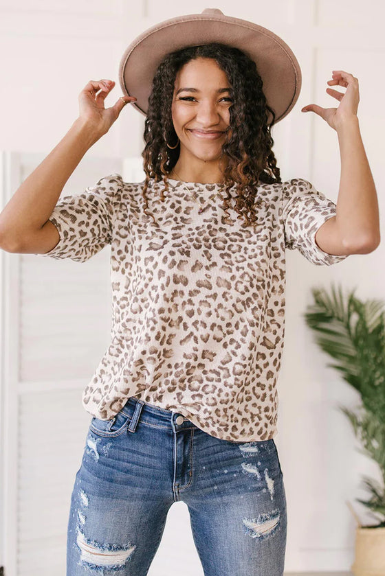 Multicolour Leopard Print Ruched Sleeve Ribbed T-Shirt