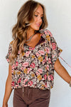 Pink Floral Print Bubble Hem Split Neck Blouse