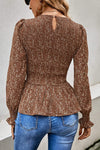 Brown Ditsy Floral Puff Sleeve Smocked Peplum Blouse