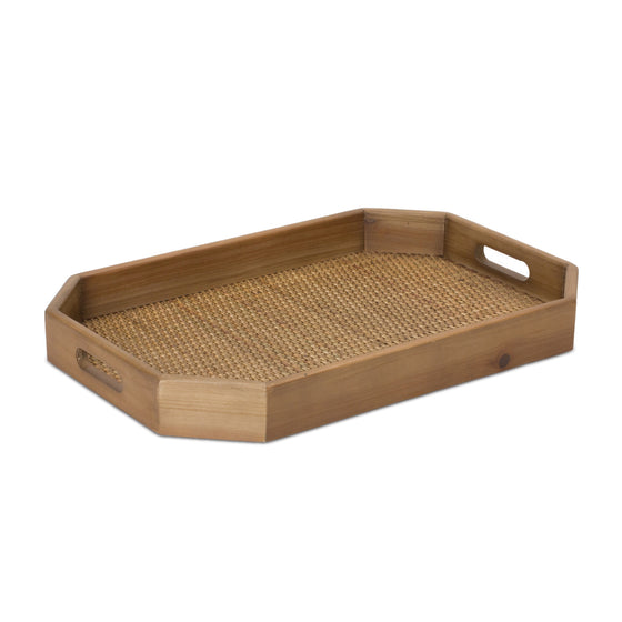 Set of 2 Wood and Rattan Trays