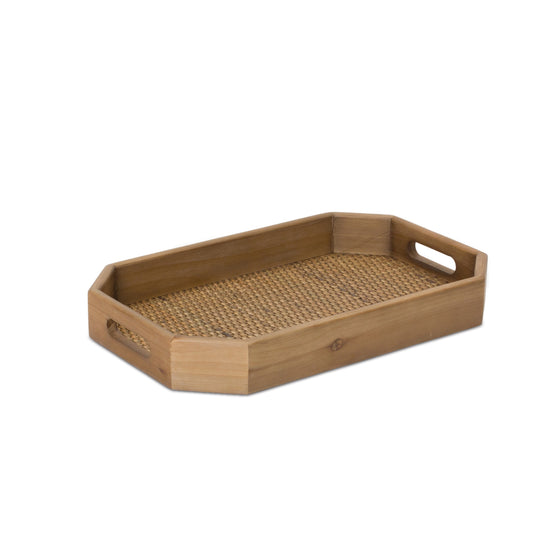 Set of 2 Wood and Rattan Trays