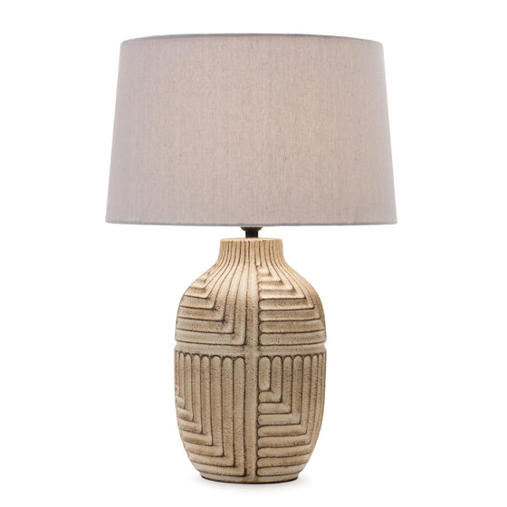 Beige Table Lamp with Geometric Design and Drum Shade