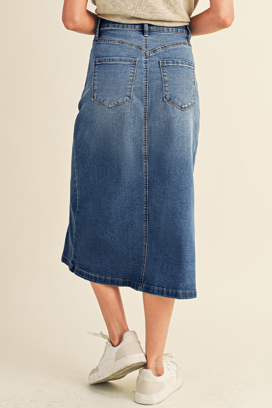 Sky Blue 4 Patch Pockets Front Slit Midi Denim Skirt