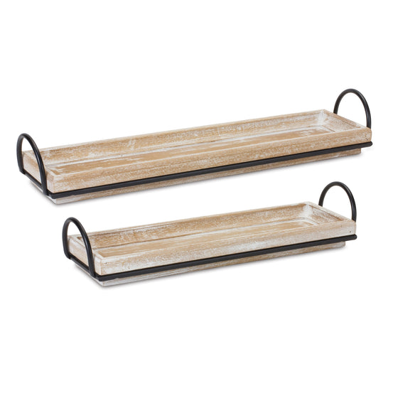 Set of Two Wooden Trays with Iron Handles