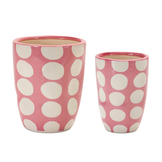 Set of 2 -Pink with White Polka-Dot Planter Pots