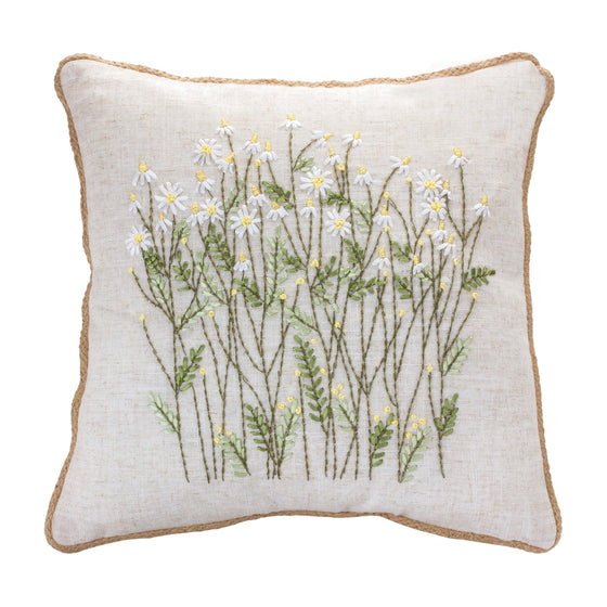 16" Embroidered with Bouquet of Daisys Throw Pillow