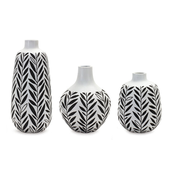 Set of 3 Modern White Vase Set with Black Foliage Design