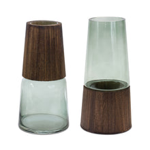  Set of Two Tinted Blue Glass and Dark Stained Wood Vases