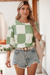 Grass Green Checkered Ruffle with Smocked Cuffs T-Shirt