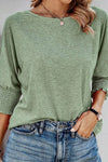 Black Plain Smocked 3/4 Sleeve Casual Loose T Shirt | Available in 3 Colors