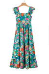 Green Boho Floral Print Ruffle Sleeveless Tiered Maxi Dress