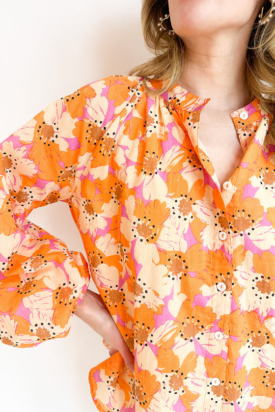 Orange Floral Print Loose Long Sleeve Blouse