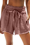 Rose Pink Smocked Raw Edge Drawstring Pocketed Shorts | Available in 5 Colors