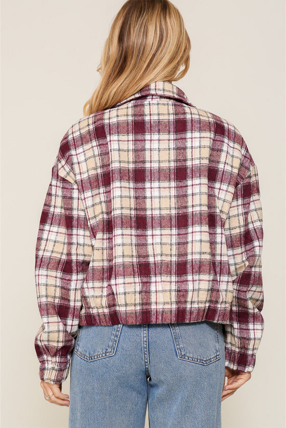 Multicolor Plaid Print Turn Down Collar Zip Up Jacket