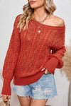 Orange Eyelet Lantern Sleeve Ribbed Trim Sweater