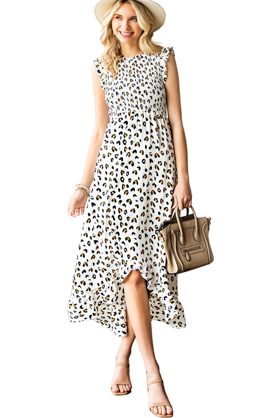 White Smocked Sleeveless Leopard Print Dress