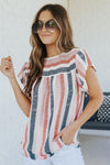 Pink and Blue Stripes V Neck Blouse