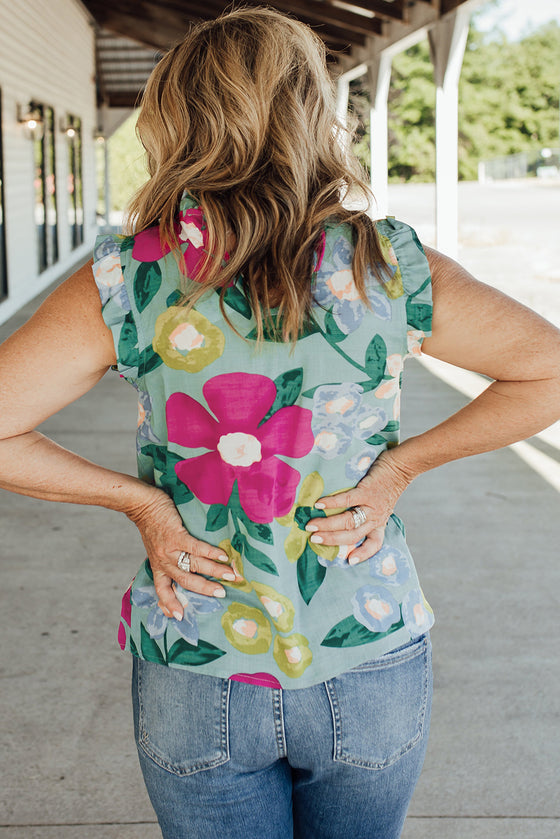 Green Floral Print Ruffle Trim Sleeveless Shirt