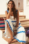 White Ric Rac Tiered Pleated Sleeveless Maxi Dress