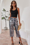 Silver High Waisted Drawstring Cropped Sequin Pants