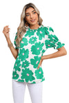 Green 60s Floral Print Puff Sleeve Frill Neckline Blouse