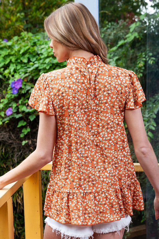 Orange Boho Ruffle Neck Flounce Sleeve Floral Blouse | Available in 3 Colors