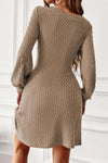 Beige Textured Knit V-Neck Bishop Sleeve Dress