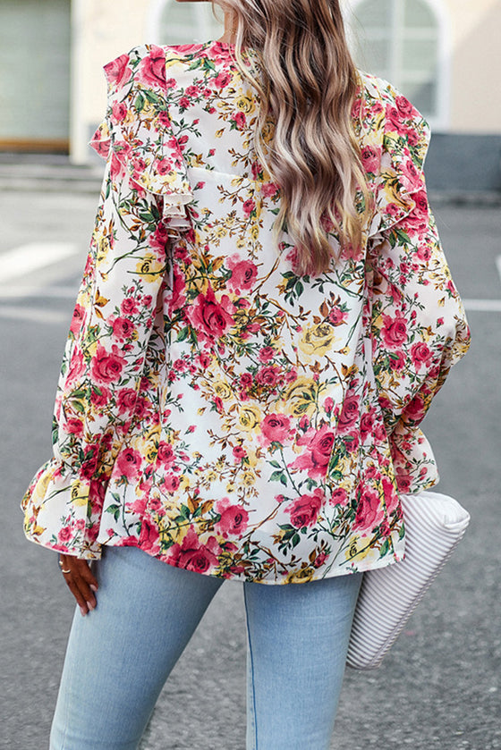 White Floral Ruffle Trim Long Sleeve Blouse