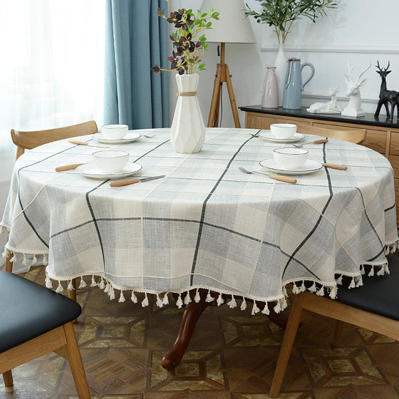 Large Round Table Cloth in Grid Pattern with Ivory Tassel Trim