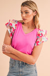 Bonbon V Neck Ruffle Floral Sleeve T Shirt