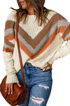 Beige Chevron Casual Drop Shoulder Knit Sweater