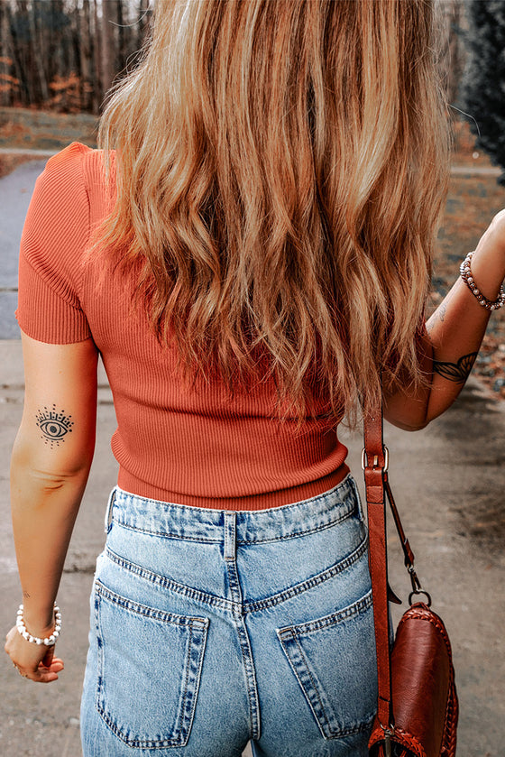 Coral Red Ribbed Knit Crewneck Crop T Shirt