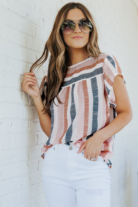 Pink and Blue Stripes V Neck Blouse