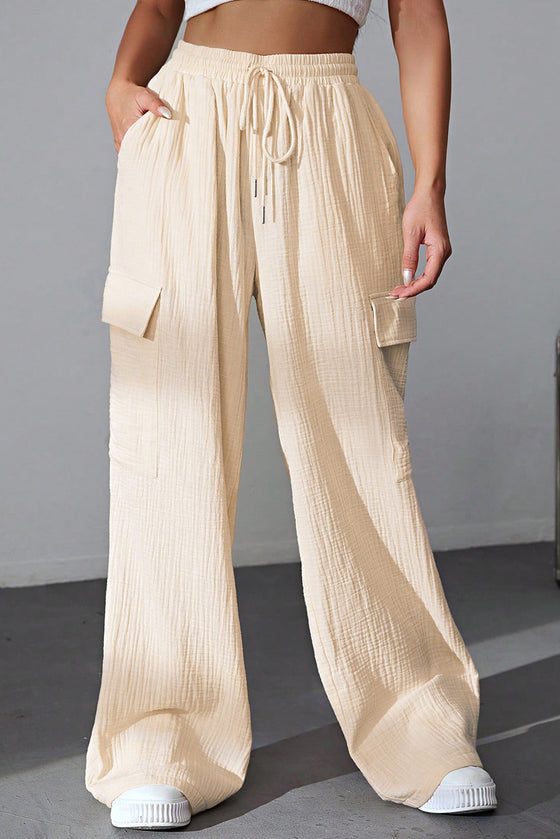 Apricot Loose Drawstring High Waist Crinkled Cargo Pants