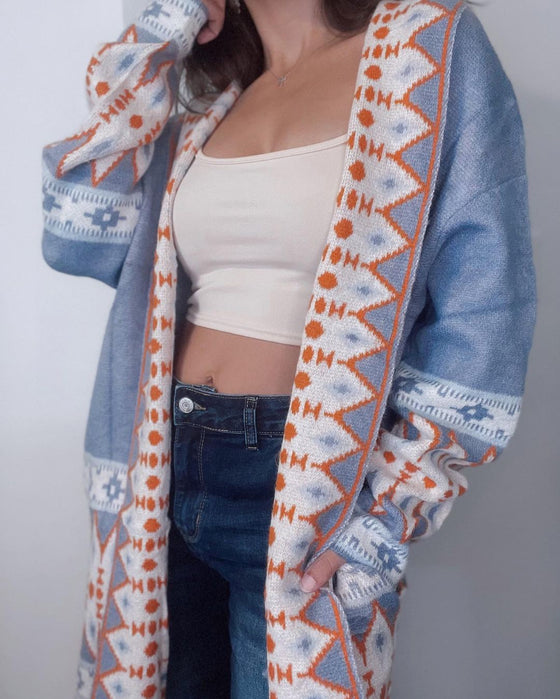 Blue Aztec Print Western Open Front Knit Cardigan