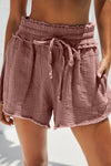 Rose Pink Smocked Raw Edge Drawstring Pocketed Shorts | Available in 5 Colors