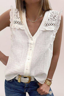  White Floral Lace Crochet Textured Sleeveless Shirt