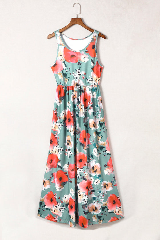 Green Floral Sleeveless Maxi Dress