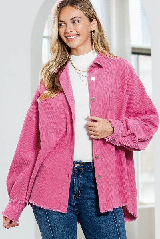 Rosy Corduroy Pockets Loose Fit Raw Hem Jacket