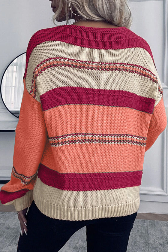 Peach Blossom Striped Pattern Knit V Neck Sweater | Other Colors Available