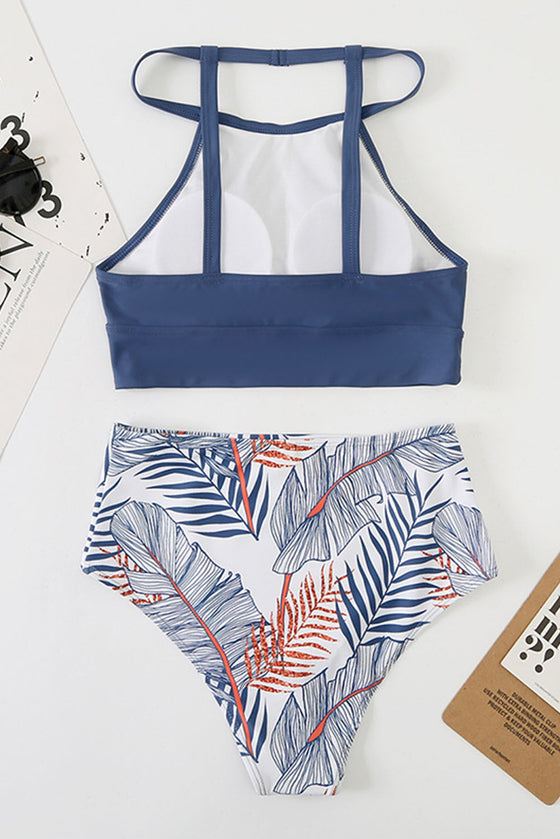 Blue Tropical Print Back Split Color Block High Waisted Swimsuit