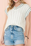 White Trim V-Neck Cable Knit Cap Sleeve Shirt