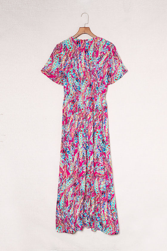 Abstract Print Wrap V Neck Flutter Sleeve Mid Length Summer Dress | Available in Blue