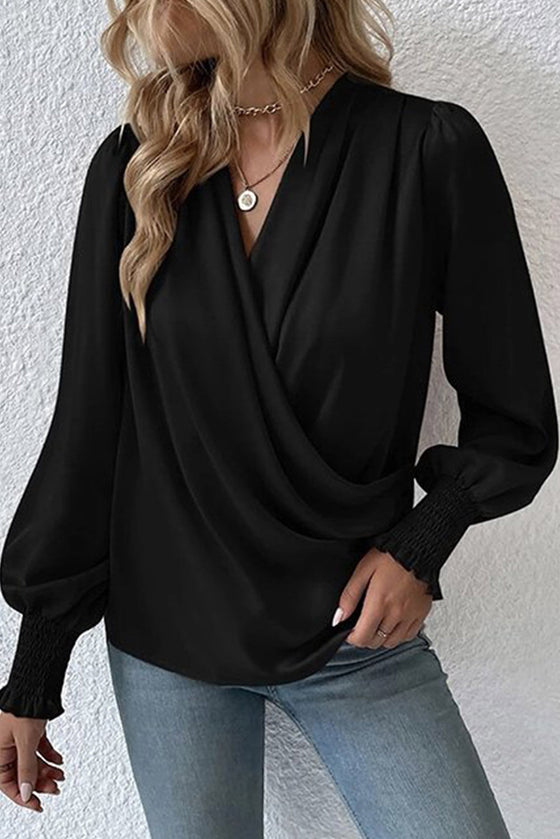 Khaki Basic Drape V Neck Long Sleeve Blouse | Available in 3 Colors