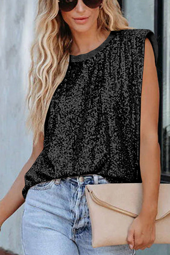 Black Crew Neck Sleeveless Sequin Top