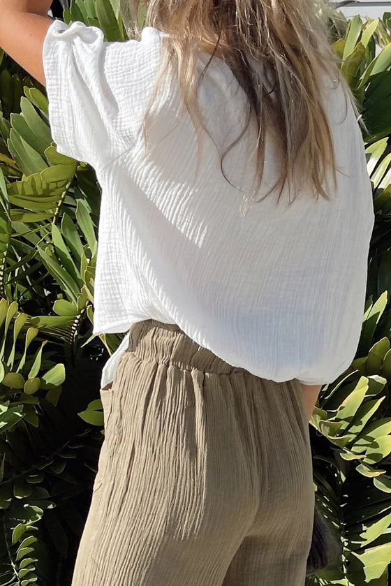 White Textured Knotted Button-up Half Sleeve Blouse