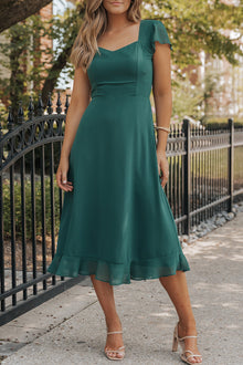  Sea Green Shirred Open Back Sweetheart Neck Ruffled Midi Dress