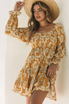 Yellow Boho Paisley Floral Print Long Sleeve Short Dress