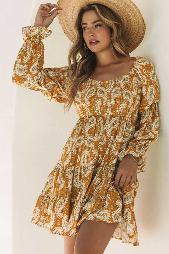 Yellow Boho Paisley Floral Print Long Sleeve Short Dress